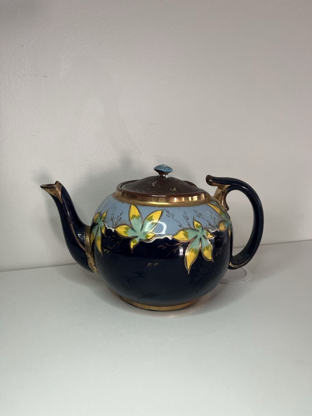 Sadler Blue & Gold Floral Guilted Decorate Brown Teapot Vintage England Decor